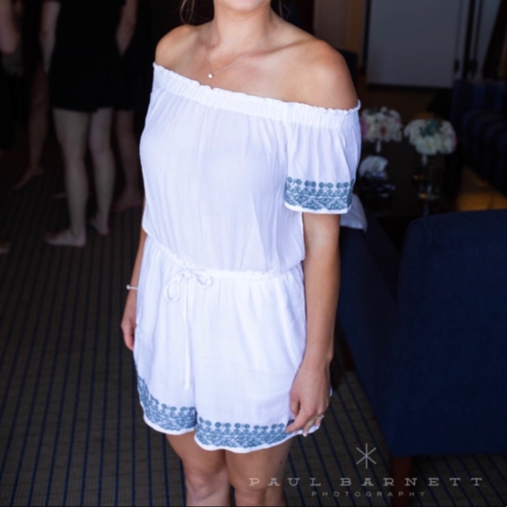 White With Blue Trim Off the Shoulder Romper- pockets